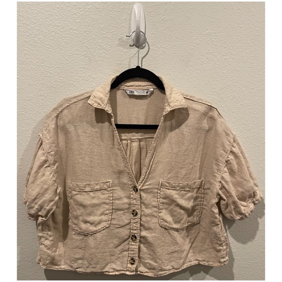 ZARA Tan Short Sleeve Button Down Oversized Crop Top - Picture 1 of 4